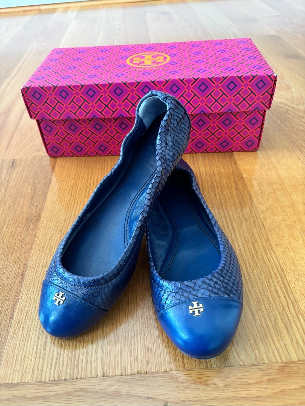 Tory Burch Metallic Blue Leather & Snakeskin Ballet Flats